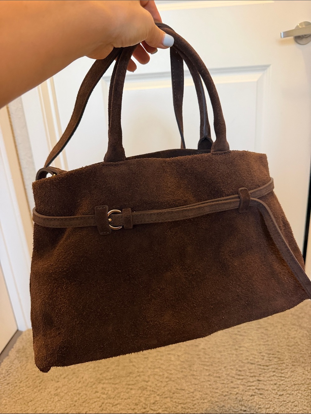 Classic Brown Suede Double-Handle Shoulder Bag